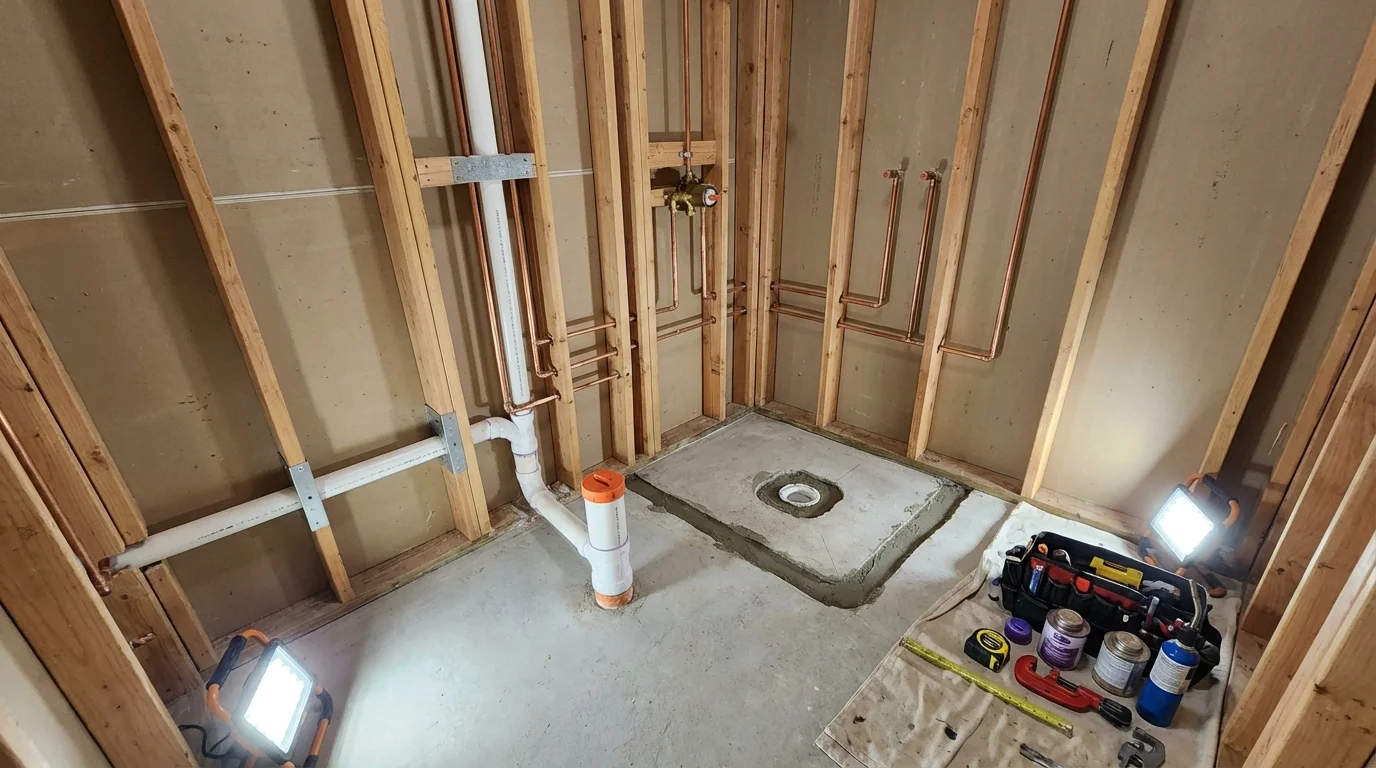 Bathroom rough-in plumbing during remodel by Johns Plumbing LLC in Penitas