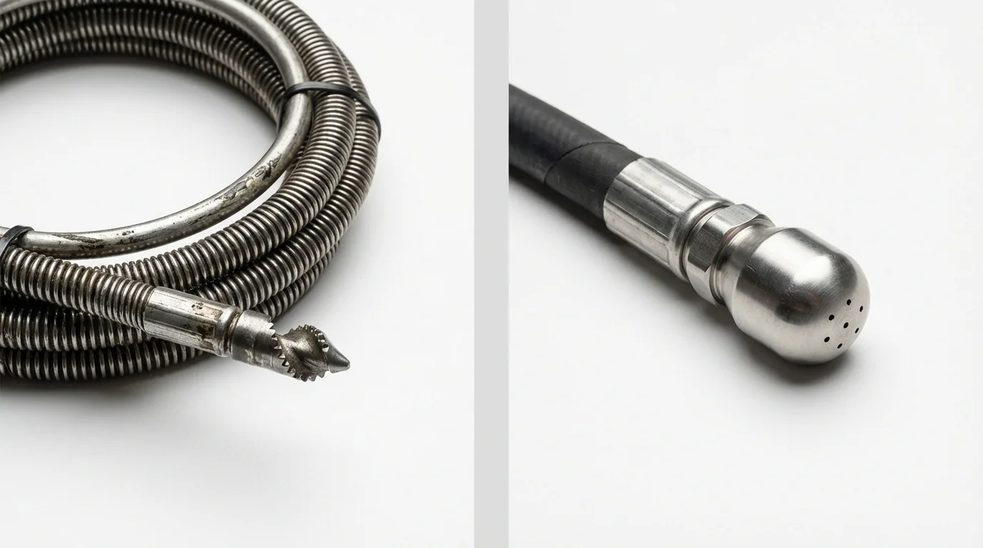 Drain snake cable and hydro jetting nozzle used for drain cleaning in Penitas, TX