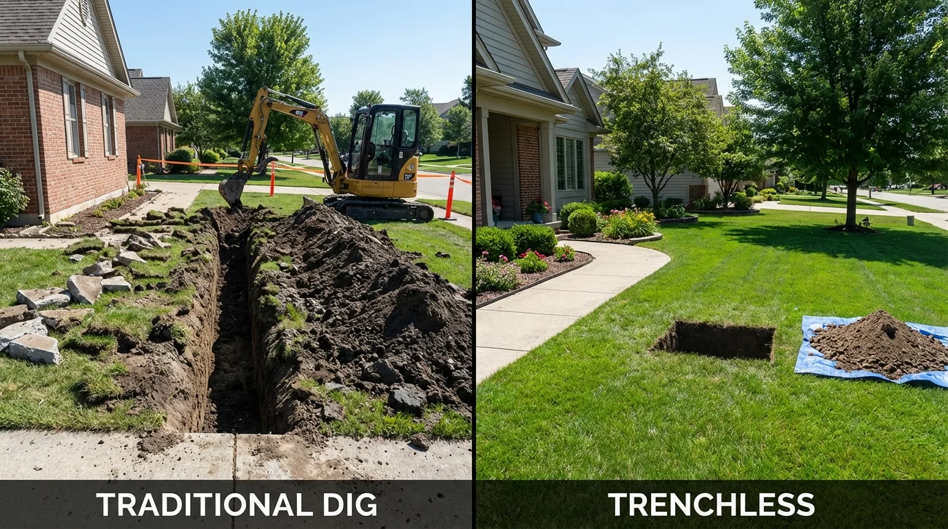 Trenchless sewer repair with minimal yard damage versus traditional excavation in Penitas, TX