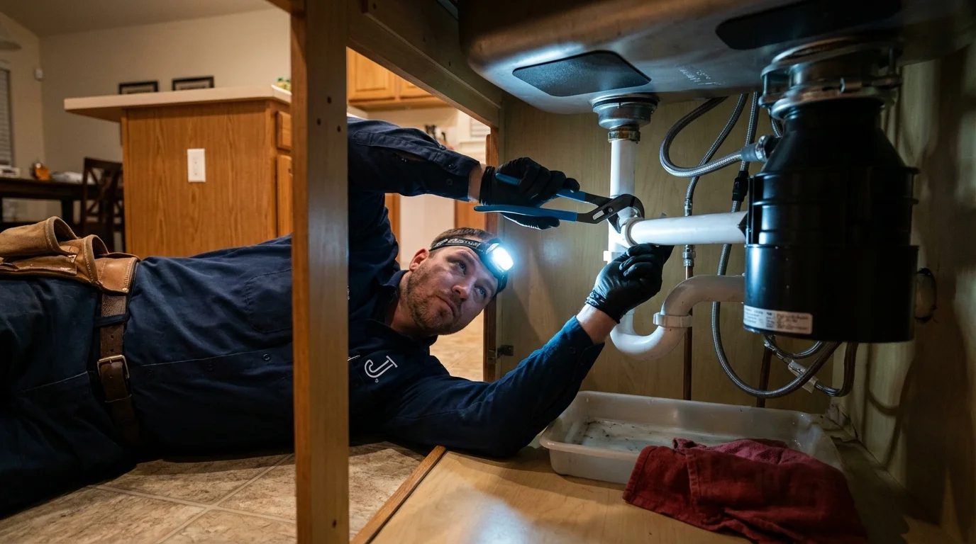 P-trap and supply line connections under a kitchen sink showing a common leak point in Penitas, TX